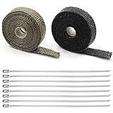 Hitzeschutzband Auspuffband Basaltfaser Krümmerband Hitzeschutz Auspuff Band 2 Stk 5mx25mm 8 Stk Kabelbinder, für Fächerkrümmer Thermoband Glasfaser-Krümmerband Auto Motorrad Auspuff (Schwarz+Braun)