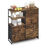 Kommode mit 6 Schubladen 2 Regal Holzfurnier Stoffschrank Sideboard Vintage Highboard Metall Container Schränke TV Schrank Klein, Küche Schlafzimmer Büro Wohnzimmer Schwarz + Braun Holz + S