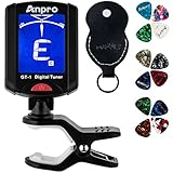 Anpro JT-10 Clip-On Digital Tuner Stimmer + 12 x Plektrum Plektron Picks mit 3 verschiedene Stärken + 1 x Pickholder, Plektrumhalter für Gitarre, Violine, Ukulele, Chromatisches Stimmg