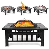 WTOKL Feuerstelle mit Grill und wasserdichter Schutzhülle, Patio Camping Picknick Holzkamin Gartenofen, F