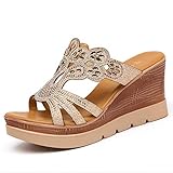 Anoauit Sexy PVC Frauen Strass High Heel Wedges Sommer Hausschuhe Muffin Dicke Untere Flip Flop rutschfeste Sandalen und Hausschuhe-Gold_34