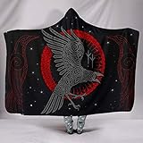 Wikinger-Rabe Decke mit Kapuze,Winter Weich Wohndecke Kuscheldecke Schlafdecke Sofadecke Plüschdecke Pelzdecke Printdesign Couchdecke Mikrofaser Wearable Decke für Erwachsene Kind Schwarz 150 * 200