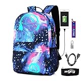 WYCY Anime Karikatur leuchtender Rucksack WeiseSchultasche mit USB ladendem Hafen diebstahlsichere Verriegelung u. Federmäppchen mit gesticktem Keychain Anhänger(Sternenklarer Blauer Junge)