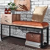FineBuy Sitzbank Ziegenleder/Massivholz Bank 100x60x35 cm im Retro Stil | Flur Polsterbank Metall mit Stauraum | Gepolsterte Lederbank Aufbewahrung Braun | Kleine Bettbank Flurbank