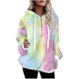 Bellelhot Herbst Winter Frauen Tie dye Tarnung Plüsch Warme Tops Outwear Elegant Langarm Zip V-Ausschnitt Kunstpelz Kordel Kapuze Pullover Oberteile Damen Freizeit Loose Pulli Hooded Fleece T-S