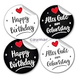 24 Happy Birthday und Alles Gute zum Geburtstag Aufkleber Sticker aus Papier in rund weiß schwarz mit Herz für Geschenk Glückwunsch Kinder Erw