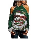 KEXIMIXUE Frauen Weihnachten Drucken Bluse Oberteile Damen Langarm Loch Hohl Lange Ärmel Halfter T-Shirt Oberteil Grün Larg