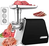 Elektrischer Fleischwolf, 3-IN-1 Edelstahl Fleischwolf Wurstfüller Multi Küchenmaschine 2000W Wurstmacher mit 3 Schleifplatten Wurstfüllrohren für den Hausgebrauch (Schwarz)
