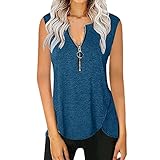 Damen-Tanktops mit U-Ausschnitt, gebogen, lässig, fließend, Sommer, Reißverschluss, ärmellose Shirts Kurzarm53 - Blue S