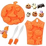 Halloween Silikon Backformen,2 Stück Halloween Backwerkzeug mit 2 Silikonpinsel ,Silikonform für Kürbis, Hexe, Geist,Totenkopf, Küche DIY Backwerkzeuge für Halloween Kuchen,Schok