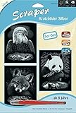 Mammut Spiel & Geschenk 140005 Kratzbilder, Motive Wildtiere, Silber, glänzend, Komplettset mit 3 Kratzbildern&Kratzmesser&Übungsblatt, Scraper, Scratch, Kritzel, Kratzset für Kinder ab 8 J