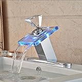 Kitchen Tap LED Glas Einhand-Wasserfall-Mischer-Hahn for Wasch-oder Spülbecken,Waschbecken Wasserhahn Bassin-Mischer-Hahn Messingbeschlag,Messing Montage Badezimmer Wasserfall Waschbecken Taps 3 Farb