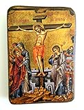 IconsGr Ikonenbild, auf Holz, handgefertigt, Motiv: Jesu‘ Kreuzigung, griechisch-orthodoxes Heiligenb