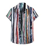 Jiabing Herren Bunt Gestreiftes Hemd Kurzarm Freizeithemd Sommer Luftig Herrenhemd mit Streifen Button-down Baumwollhemd S