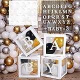 Baby Shower Party Box Dekoration Set 4 Stücke Baby Shower Dekorationen mit 3 Set Baby und 26 A-Z Buchstaben, Baby Buchstaben Party Dekoration Individuelle Baby Blöcke Design (Weiß)