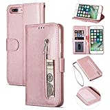 ZTOFERA iPhone 6 Plus 6S Plus Hülle, Flip Leder Magnetisch Folio Wallet Standfunktion Reißverschluss schutzhülle mit Trageschlaufe, Brieftasche Hülle für iPhone 6 Plus/iPhone 6S Plus- Roség