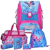 Spirit BUTTERFLY Pro Light - Schmetterling - Leicht-Schulranzen-Set mit BLINKENDEM LED-Schloss 6teilig mit SCHULSPORTTASCHE