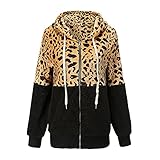 Yeau Damen Mode Leopard Spleißen Zip Sweatshirt Jacke Herbst und Winter Langarm Warme Teddymantel Verdicken Plüschjacke Mit Kapuze Casual Lose Zipper Winterjacke Outw