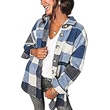 Damen Kariertes Hemd Langarm Jacke Übergroßes Hemd Top Urban Style Freizeithemd Blau+M