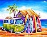 NeuInwir Malen nach Zahlen Haus am Meer Bus Baum Surfshark für Erwachsene Anfänger,DIY Art Kits Ölgemälde Paint by Numbers 40x50 CM Home Wanddekoration (Haus am Meer, Rolle DIY Rahmen)