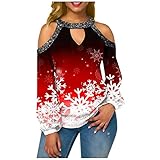 Timitai Damen Lose Weihnachtsdruck Sexy Trägerlose Laterne Langarm Hängendes Hals T-Shirt Nette Tops für F