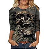 Oberteile Damen Gothic Style Pullover mit Gruseliges Totenkopf Druck Y2K Punk Tshirt Tops Persönlichkeitstunika mit 3D Skelettmotiv Frühling Herbst Langarmshirts Teenager Mädchen Streetw
