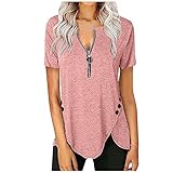 MRULIC Damen Oberteile Lose Kurzarm LäSsiges ReißVerschluss Knopf T-Shirt Einfarbig Pullover Blusen Freizeit Tops Frauen Pullover Shirts(Rosa,M)