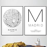 Madrid Stadtplan Wandkunst Leinwand Malerei Drucke Spanien Straßenkarte Bilder Schwarz Weiß Reise Poster Room Decor Kein Rahmen-40x50cmX2