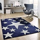 VIMODA Sterne Teppich Flauschige Qualität Blau Weiß Kunstfaser Schadstoffgeprüft, Maße:120x170