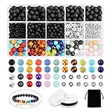 SOLEDI Lava Perlen 526 Stück Set Chakra Perlen, Aquamarin Achat, Weiße Kiefer, Schwarze und Weiße Kristalllinien für DIY Freundschaft Armbänder,Ohrringe,Halsketten und Andere Schmuck Schaffen Mehrweg