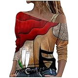 T-Shirt Damen Lose Casual V-Ausschnitt Tunika Bedruckt Kurzarm Blumen Drucken Tops(Red, M)