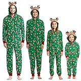 Neufigr Familien Weihnachts Jumpsuit Onesie Weihnachten Pyjamas Set Schlafanzug Kinder Overall Damen Herren Nachtwäsche Hausanzug mit Kap