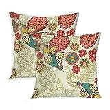 LINGF Kissenbezug Pfau 2er Set Dekokissenbezug Schöne Blumen Vögel Sommer Abstrakte Kunst Vintage Stil Kissen Kissenbezug