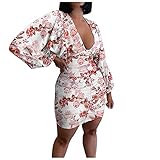 GFGHH Frauen Wrap Bohemian Floral Urlaub Hohe Taille Retro Strandrock Sexy Abendkleider Minikleid Blumen Kleider Figurbetonte Puffärmel Partykleid Tief V Ausschnitt Wickelkleid Club Cocktailk