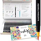 Pinselstifte Anfänger Set BrushKing | 20 Aquarell Tuschestifte, befüllbarer Wassertankpinsel und Aquarellpapier. Brush Pen Set-Zeichenstifte, ideal für Hand-Lettering/ Kalligraphie, Watercolor Effek