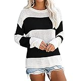 Female Frühling und Herbst Streifen Pullover Loose Casual Leichter Pullover Sweatshirt Rundhals Farbblock Lässig Oberteile Damen Wintercardigan Tops Langarmshirt Gestreift Beliebten Basic Bekleidung