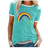 Masrin Regenbogen T-Shirt für Frauen Letter Print Tops Sommer Farbblock Patchwork Pullover Kurzarm Rundhalsausschnitt Lose Tunika Bluse(L,Grün)