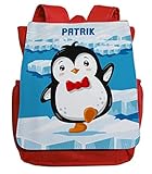 Kinderrucksack mit Namen Bedruckt | Motiv Pinguin & EIS | viele Fächer Brustgurt Kinderrucksack inkl. Wunschname | ideal für Kita- und Kindergartenkinder von 2-5 Jahre (rot)