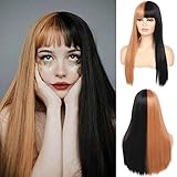Perücke Halb Schwarz Halb Blond Lang Glatte Haare Perücken mit Pony Synthetische Cosplay Volle Perücke für Frauen Mädchen Halloween Kostüm Party Beweig