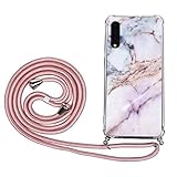 Handykette Anhänger Hülle Kompatible für Samsung Galaxy A51 Handyhülle Silikon Case mit Band TPU Cover Umhängeband Trageschlaufe Kordel Lanyards Schutzhülle Schnur Bumper Schale (Marmor Violett)