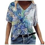 Oversized Sweatshirt Damen Langarmshirt Damen Blusen Reißverschluss Bluse Elegante T-Shirt Tops V-Ausschnitt T-Shirt Sommer Tunika Lose Oberteil Tops Shirt Casual Floral Locker Blumen Tunika Top