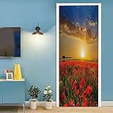 Yelilad Türtapete Selbstklebend TürPoster Türaufkleber 3D Wohnzimmer Schlafzimmer Badezimmer Wasserdicht Abnehmbare Professionelle Vinyl Upgrade, Sonnenuntergang Rote Mohnblume Meer 90x200