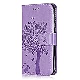 Conber Hülle für Samsung Galaxy S5 Mini, PU Leder Tasche Flip Case Lederhülle Handyhülle, Vintage Katze und Baum Schutzhülle für Samsung Galaxy S5 Mini - L