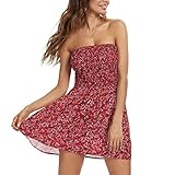 Freizeitkleid Damen Sommer Elegant Einfarbig Boho Kleid Frauen V-Ausschnitt Schulterfrei Slim Fit A-Linie Partykleider Sommerkleid Elegant Hochzeit Strandkleid Tunika Kleider Cocktailkleid Blumenk