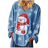 Komiseup Weihnachtspullover Damen Oversized Langarm Casual Shirts Weihnachten Pullover Lose Tunika Tops Weihnachts Drucken V-Ausschnitt Bluse Christmas Sweatshirt Lang