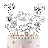 JIASHA Birthday Kuchen,17 Stücke Cake Topper,Geburtstag Torte Topper,Konfetti Luftballon Papierfächer Kuchendeko Geburtstagstorte,Torte für Geburtstagsfeier Dekoration (Silber)