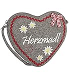 SIX Damen Oktoberfest-Umhängetasche, Herz, Grauer Filz, Herzmadl, Edelweiß, Schleife, rot, weiß, Vichy-Karo, Kostüm, Karneval, Fasching (427-882)