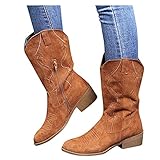Dasongff Damen Retro Stiefel Frauen Reißverschluss Quadratische Ferse Einfarbig Mittelrohr Stiefel Runde Zehen Schuhe Rom-Schuhe Lange Cowboy Stiefel Biker B