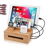 MHOM 5-Port Ladestation Mehrfach, Bambus Dockingstation für mehrere Geräte, Ladegerät Ständer Dock Organizer mit Uhrenständer und 5 Ladekabel für iPhone Watch Table(Nicht enthalten USB-Ladegerät)