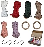 Apparatio Makramee garn 3mm DIY Set aus baumwolle mit Holz ringe, S-Haken, macrame deko, Kordel in 5 Farben und natural weiß, kreative Geschenkidee für jeder, Baumwolle garn für b